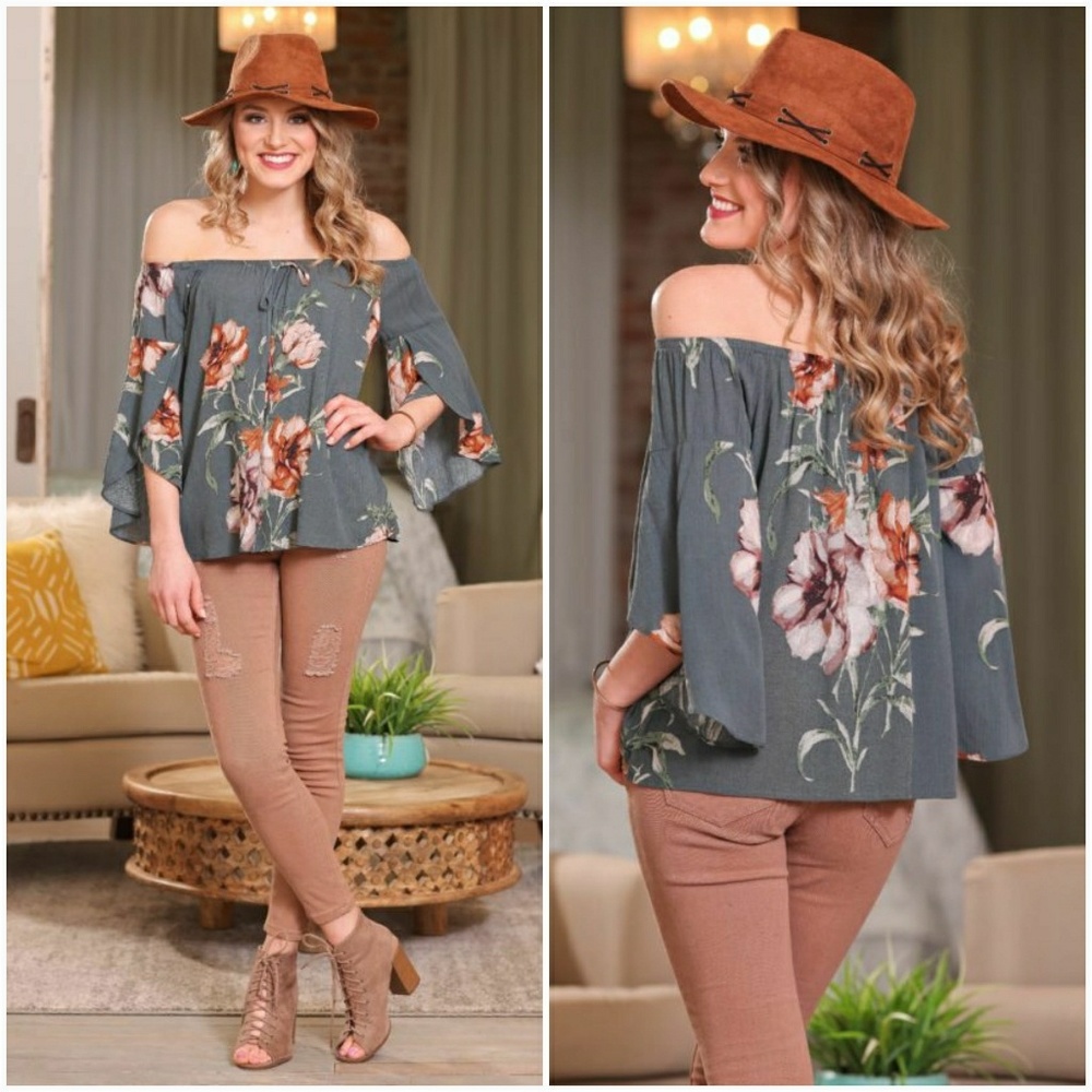 Teal Floral Off The Shoulder Top